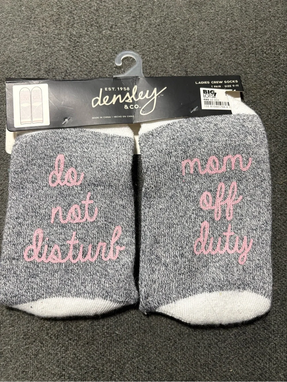dowsley & Co. Ladies Crew Socks - Gray with Pink Script